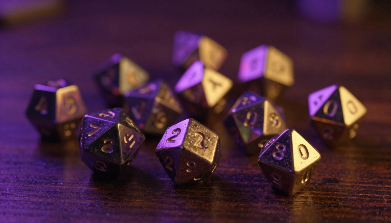 A close-up macro shot of heavy metal d20 dice rolling across a dark wooden gaming table, dramatic neon purple and gold rim lighting, shallow depth of field