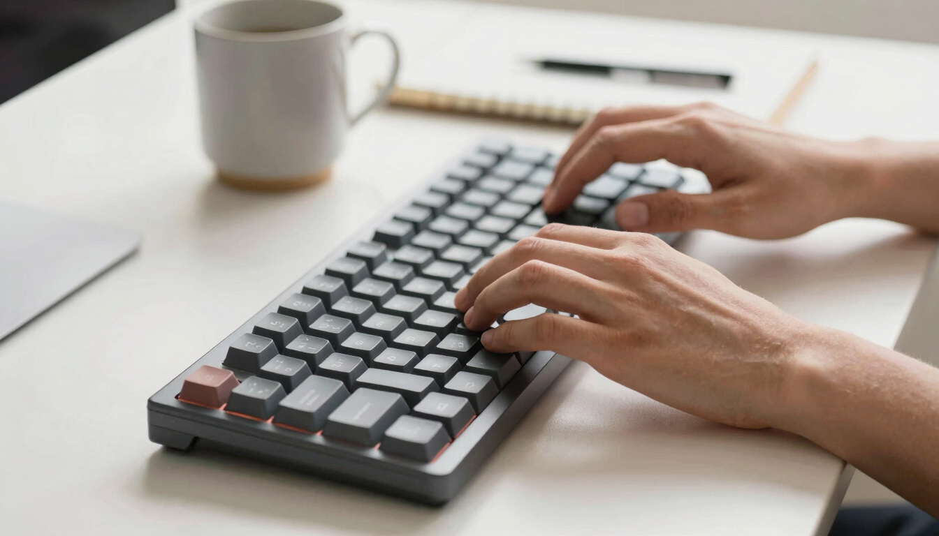 Close-up of professional hands typing on a sleek mechanical keyboard, organized modern desk setup with a ceramic mug and notebook, warm natural daylight, shallow depth of field