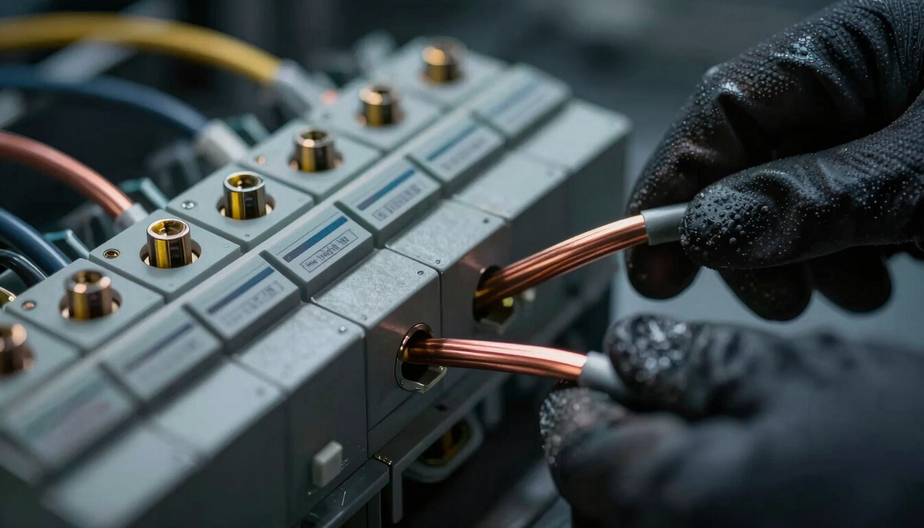 Macro shot of thick copper cables being connected to a modern fuse box, professional technician hands in protective gloves, sharp focus on metallic textures, dramatic lighting