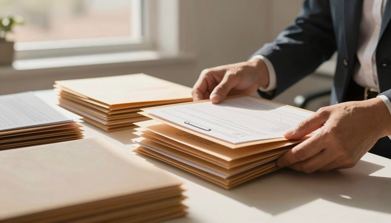Close-up of professional hands organizing neat medical credentialing folders on a clean desk, warm Arizona sunlight, 35mm