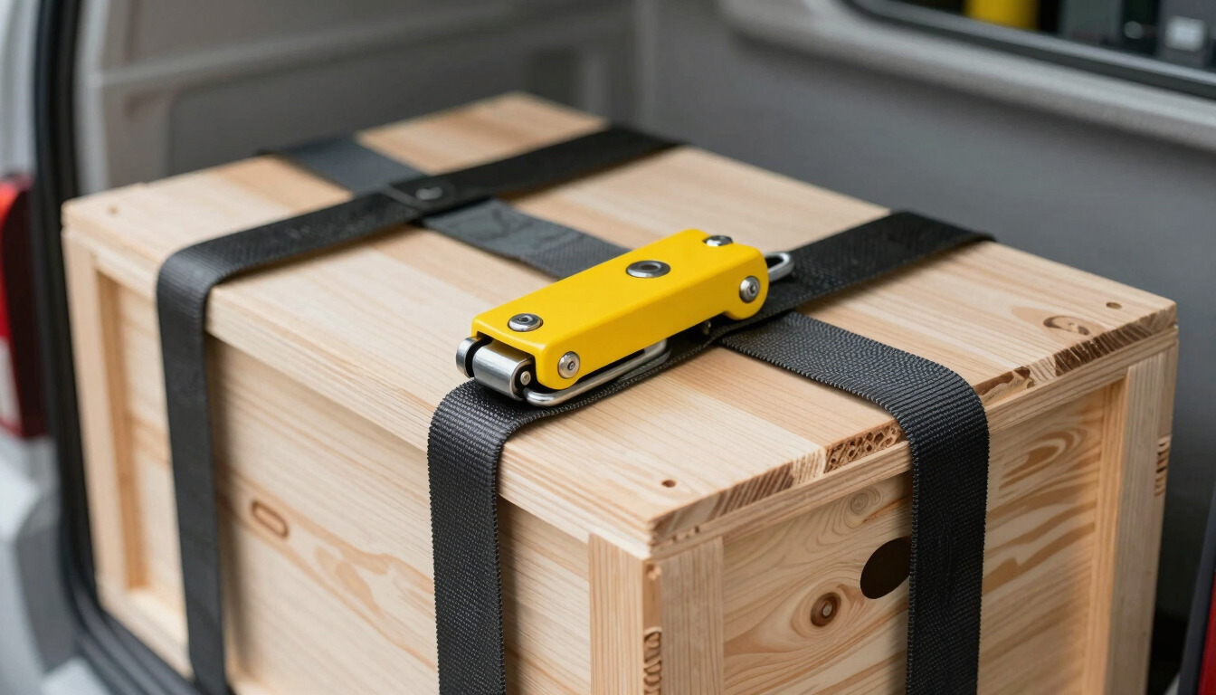Macro shot of heavy-duty tension straps securing a custom wooden crate inside a clean transport vehicle, sharp focus on the yellow ratchet mechanism, bright industrial lighting