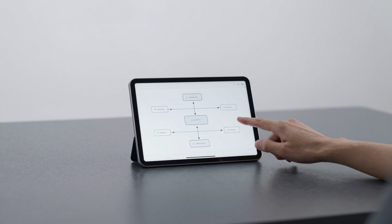 Minimalist desk with a tablet displaying a clean flow chart, hands pointing to a system node, soft overcast daylight, cool slate tones, 35mm