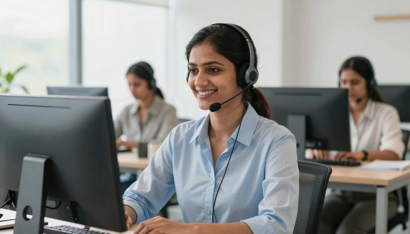 A professional Indian female customer support executive with headset smiling in a bright office environment, natural daylight, 35mm