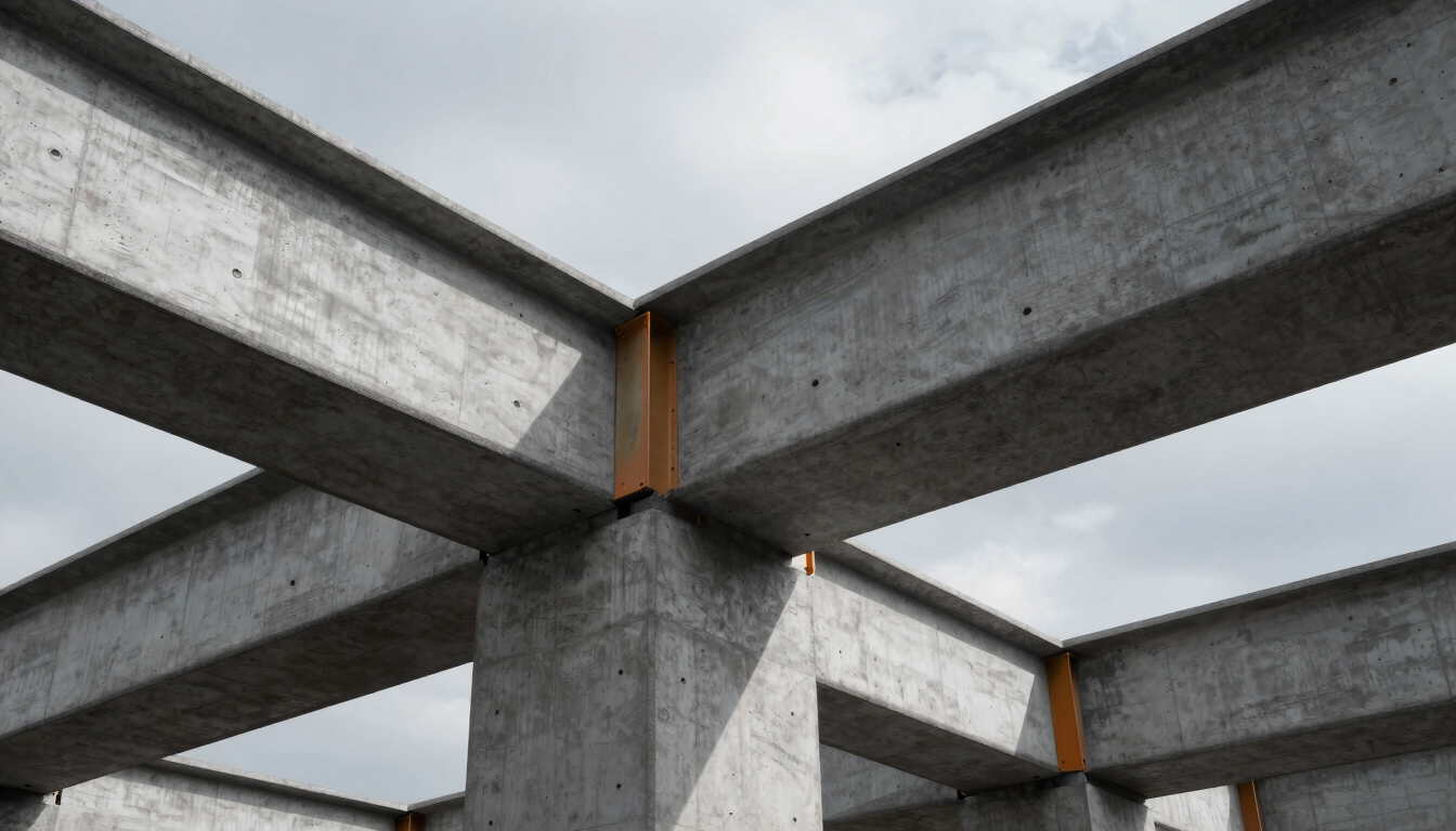 Close-up of raw concrete and structural steel beams, dramatic overcast daylight casting sharp shadows, high-contrast architectural photography.