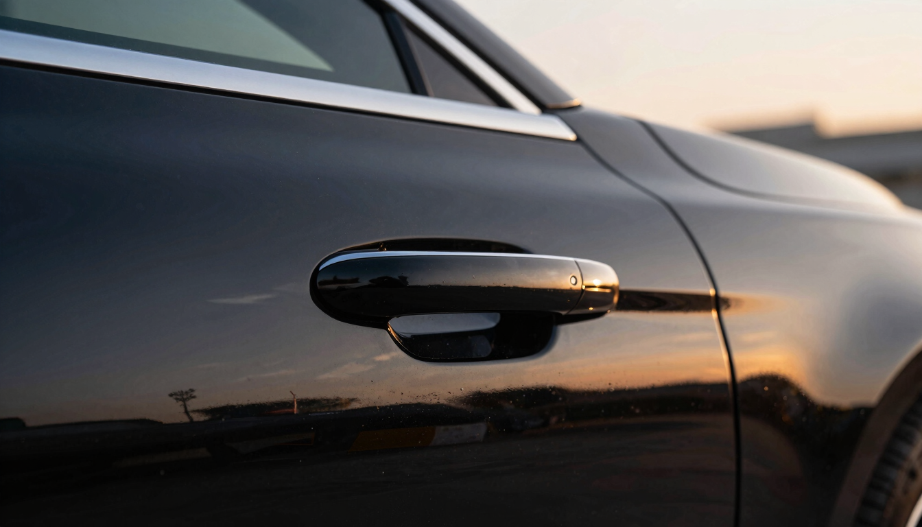 Close-up of a pristine luxury car door handle and polished black paint, golden hour light, sharp focus, 35mm automotive photography