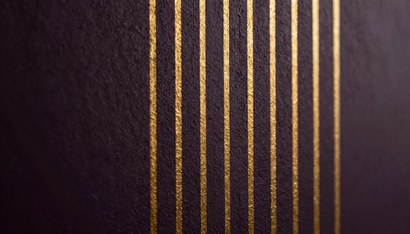 Extreme close-up of vertical print precision, showing crisp gold ink lines on a dark textured plaster wall, dramatic side-lighting.