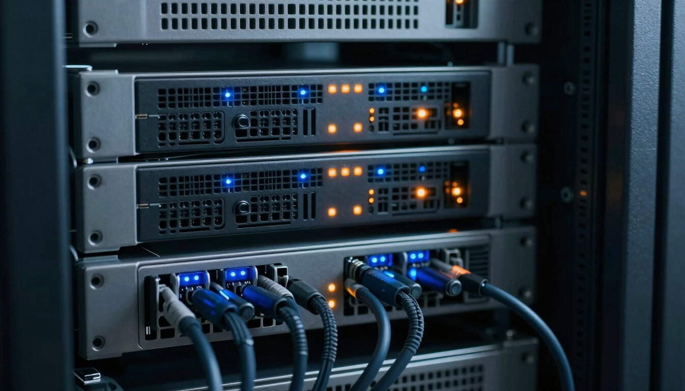 Macro photograph of clean server rack cabling, subtle blue and orange LED status lights glowing in a cool daylight server room.