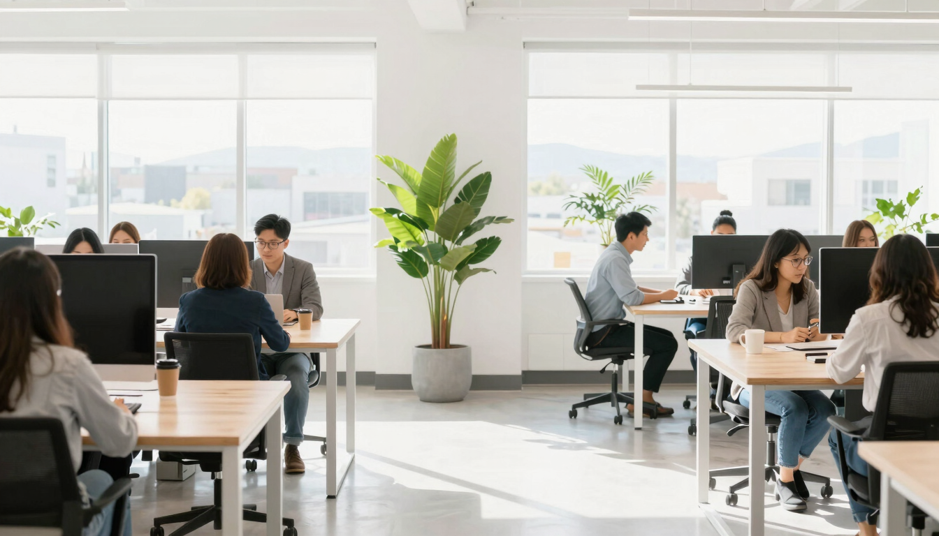 Bright, high-key photo of a modern, sunlit collaborative office space in Holladay, Utah, featuring clean minimalist wooden tables, active professionals collaborating, morning daylight, crisp green plants.