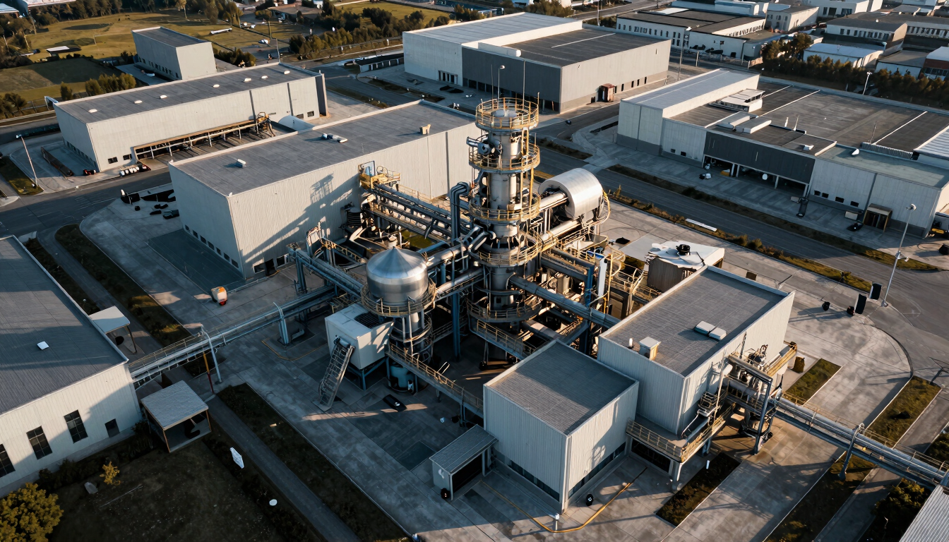 Wide dramatic overhead drone shot of a modern industrial complex at golden hour, sharp long shadows, cool high-contrast tones, 35mm
