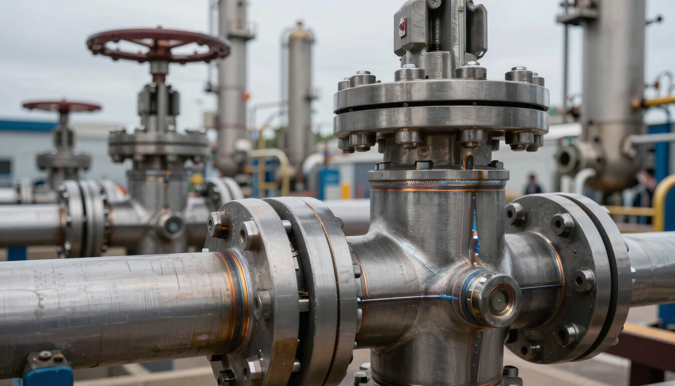 Extreme close-up of industrial steel valves, heavy machinery welds, and high-pressure pipes at a modern chemical processing plant, cool overcast light reflecting on brushed metal.