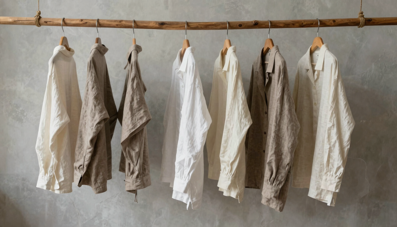 Minimalist linen garments in warm taupe and cream white hanging on a raw wooden dowel against a soft stone grey plaster wall, diffused daylight.