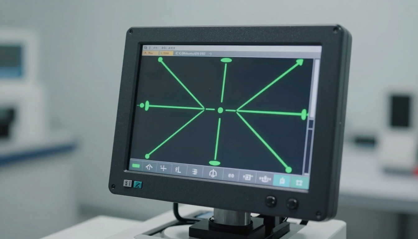 Macro shot of a high-tech digital wheel alignment machine screen showing green alignment calibration vectors, clean workshop environment