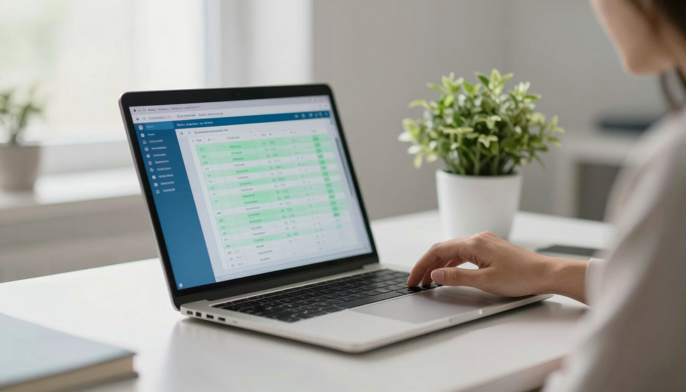 Portrait framing, bright diffused natural light, a clean and organized modern desk with a laptop displaying a blue and green ledger interface, a single green plant in a white pot, soft focus background.