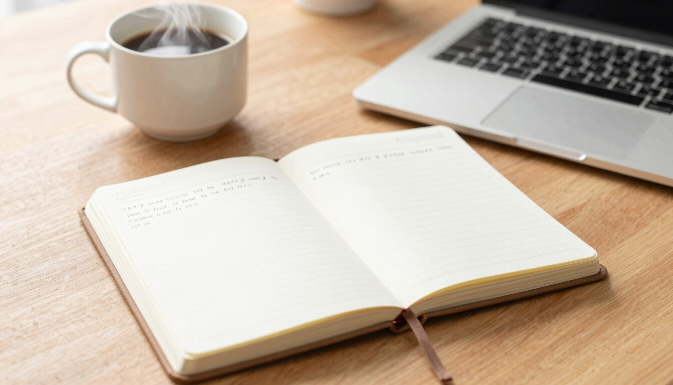 Warm close-up of a handwritten planner on a cozy wooden desk, next to a steaming cup of coffee and a laptop, soft natural morning light