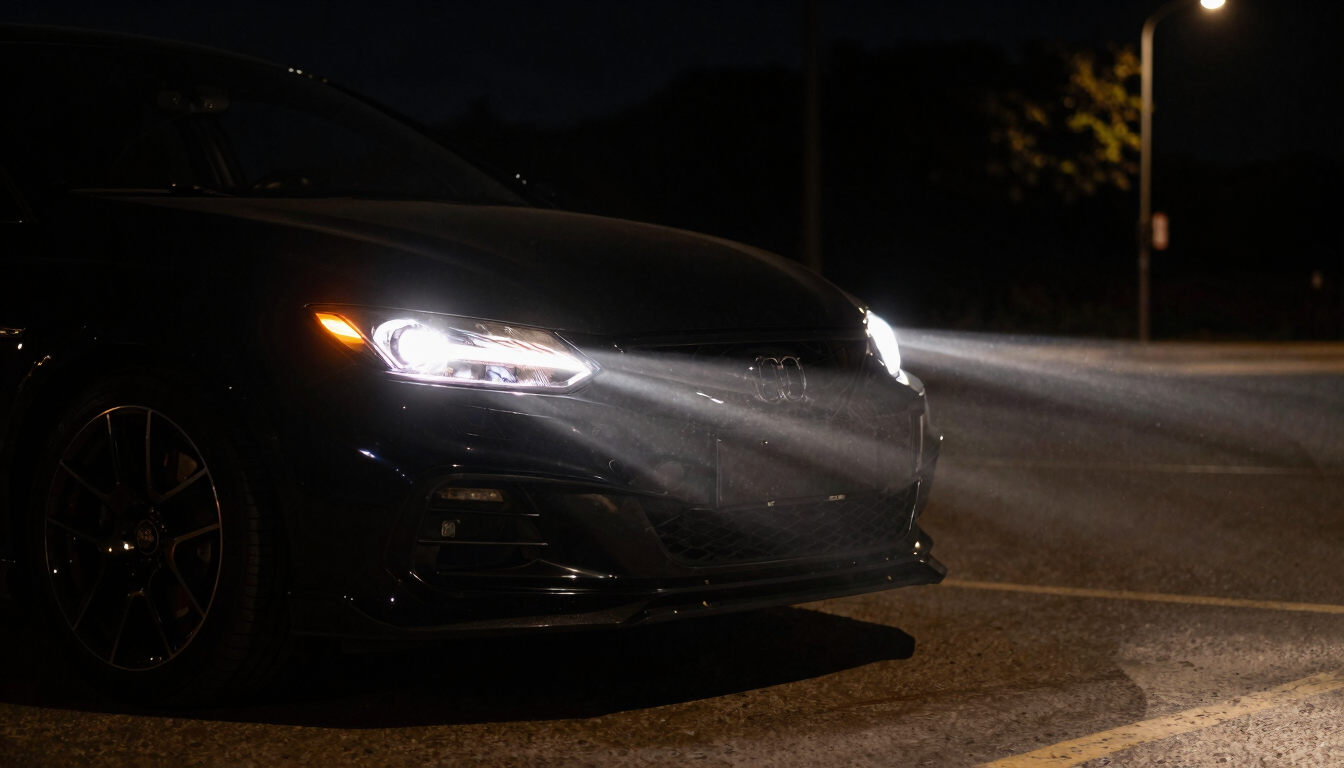 Dramatic automotive photography of car headlights piercing through deep night shadows, warm headlight glow, high-contrast street lighting, sharp focus, 35mm lens