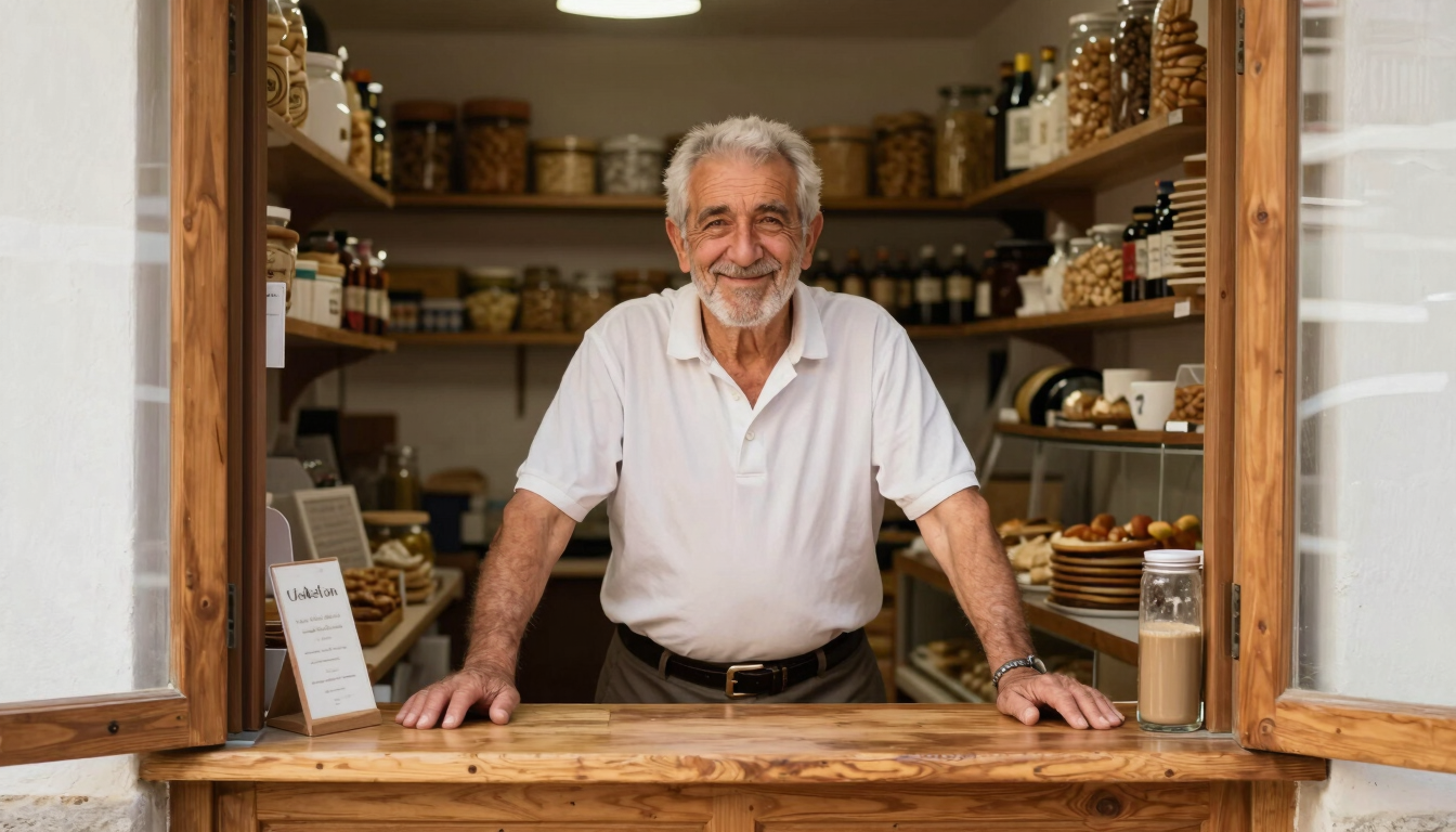 Warm editorial portrait of an elderly shopkeeper smiling behind a wooden counter in a traditional Villena bakery, soft natural window light, 35mm