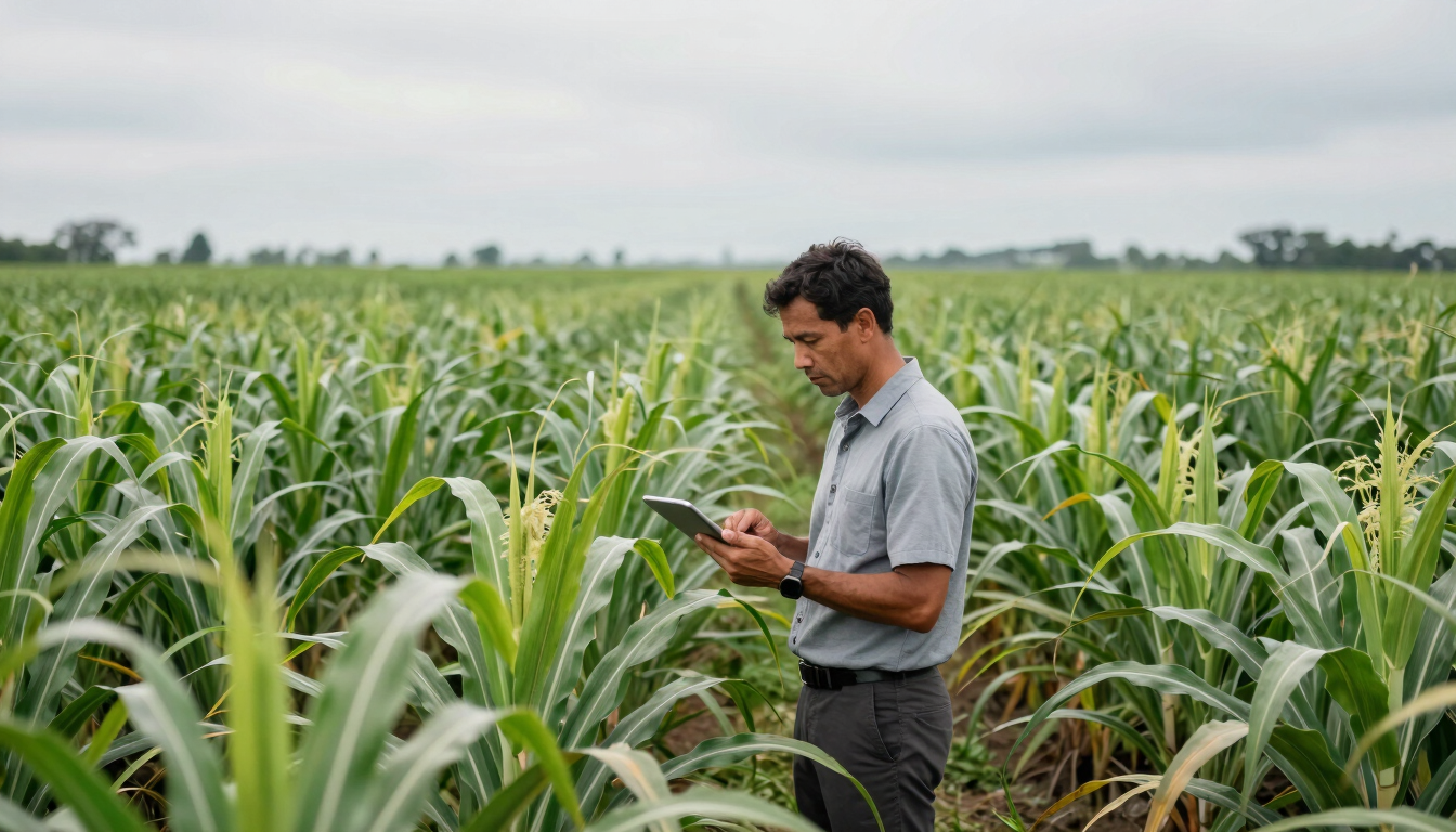 Wide shot of a modern agronomist standing in a vast, vibrant green sugarcane plantation, holding a digital tablet, looking at the healthy crops under a bright overcast sky.