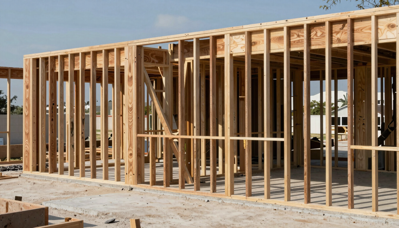 Gritty editorial photo of a Houston residential renovation site in harsh midday Texas sunlight, exposed timber framing, concrete dust, 35mm lens