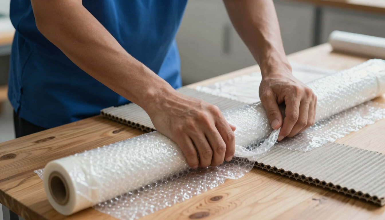 Close-up of hands in blue uniforms wrapping a wooden tabletop with thick bubble wrap, corrugated sheets, and heavy-duty stretch film.