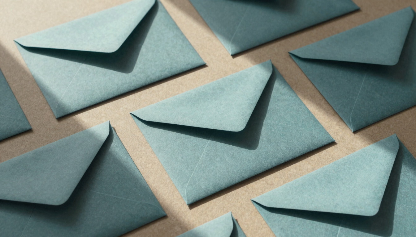 High-angle flat lay of minimalist stationery suite, tactile soft teal envelopes, blind-debossed letterheads on warm textured paper, soft natural window light.