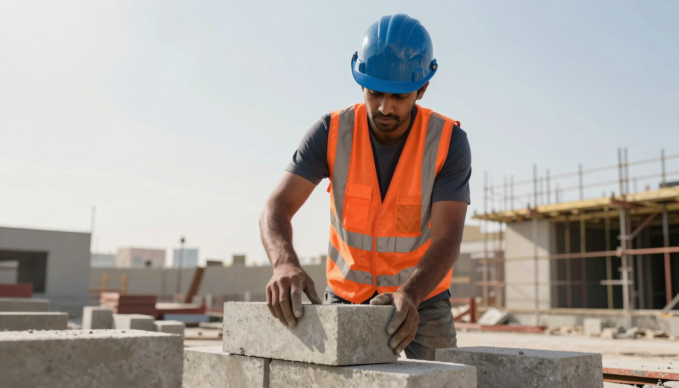 Dynamic low-angle medium shot of a focused South Asian construction worker in clean high-vis orange vest and blue safety helmet, carefully laying concrete blocks on a Dubai site, bright sunlight, 35mm.