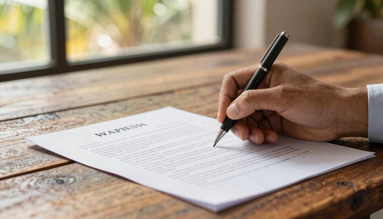 A close-up shot of a hand signing a clean legal document on a rustic wooden table, warm tropical sunlight filtering through a window, professional atmosphere.