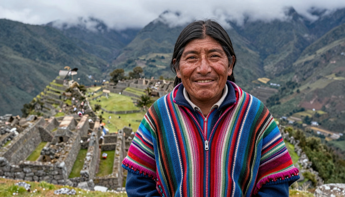 Dignified portrait of an indigenous Quechua guide smiling warmly, wearing a traditional colorful chullo, with the ancient stone ruins of Isla del Sol behind him.