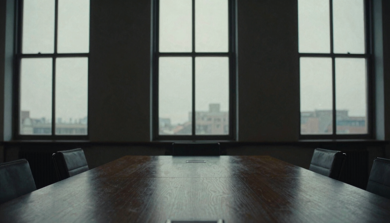 Dramatic side-lighting on an empty boardroom table, cool daylight through tall windows, deep shadows, moody editorial photography.