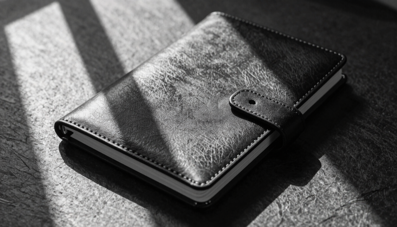 High-contrast black and white close-up of a structured leather notebook open on a dark slate desk, natural side light casting deep architectural shadows.