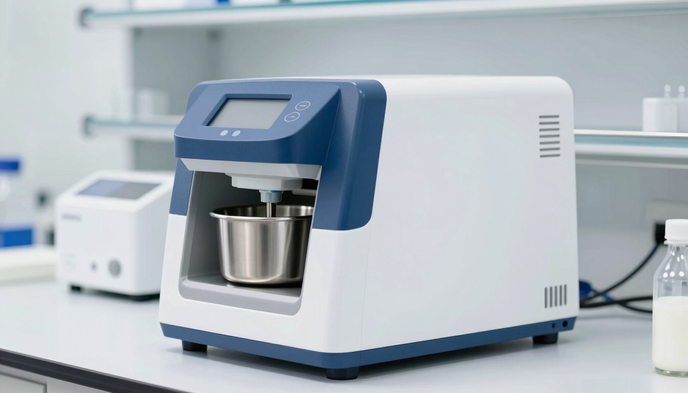 Modern stainless steel milk testing equipment inside a clean white laboratory, blue accent lighting, sharp focus