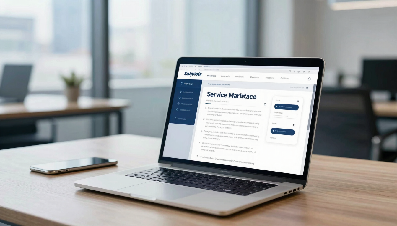 Modern corporate photography, bright natural office light, a laptop displaying a clean service marketplace interface on a wooden desk, cool blue tones, sharp focus, editorial