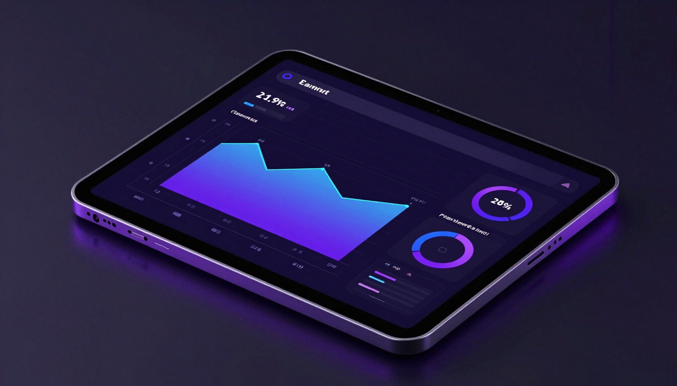 Sleek 3D render of a futuristic dark-mode tablet interface displaying analytics, neon purple and electric blue ambient lighting, high-tech minimalist style, isometric view