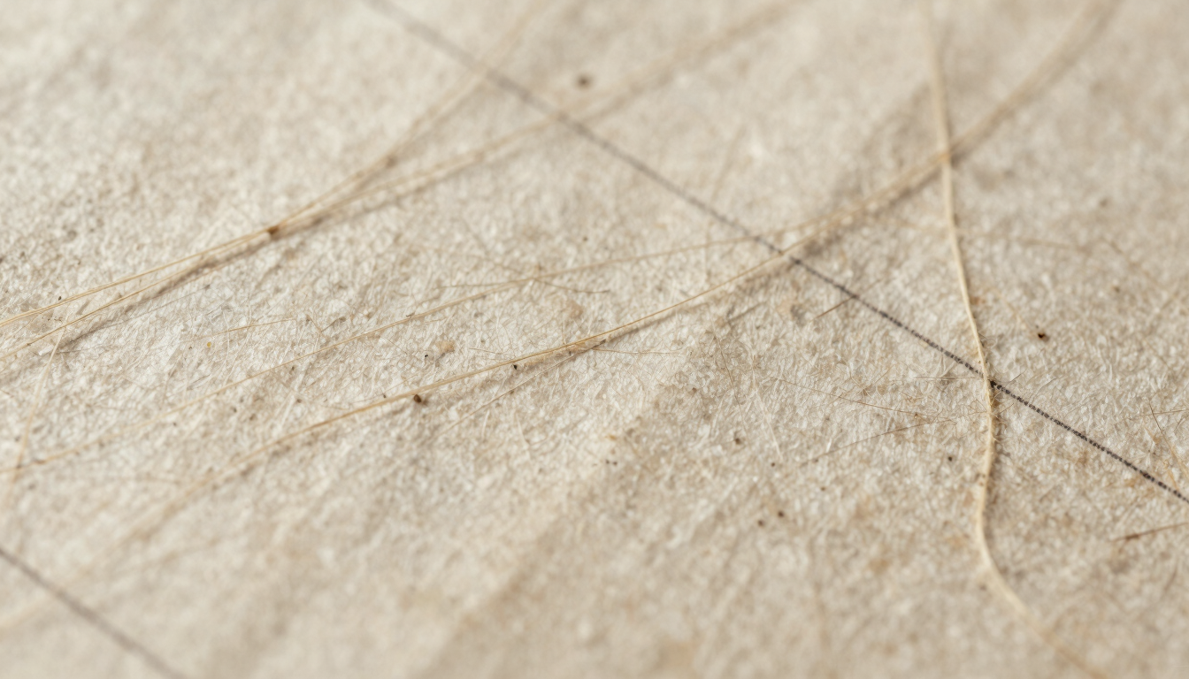 Extreme macro photograph of 18th-century deckled paper fibers under raking light, showing the tactile texture of the rag substrate and faint ink lines.
