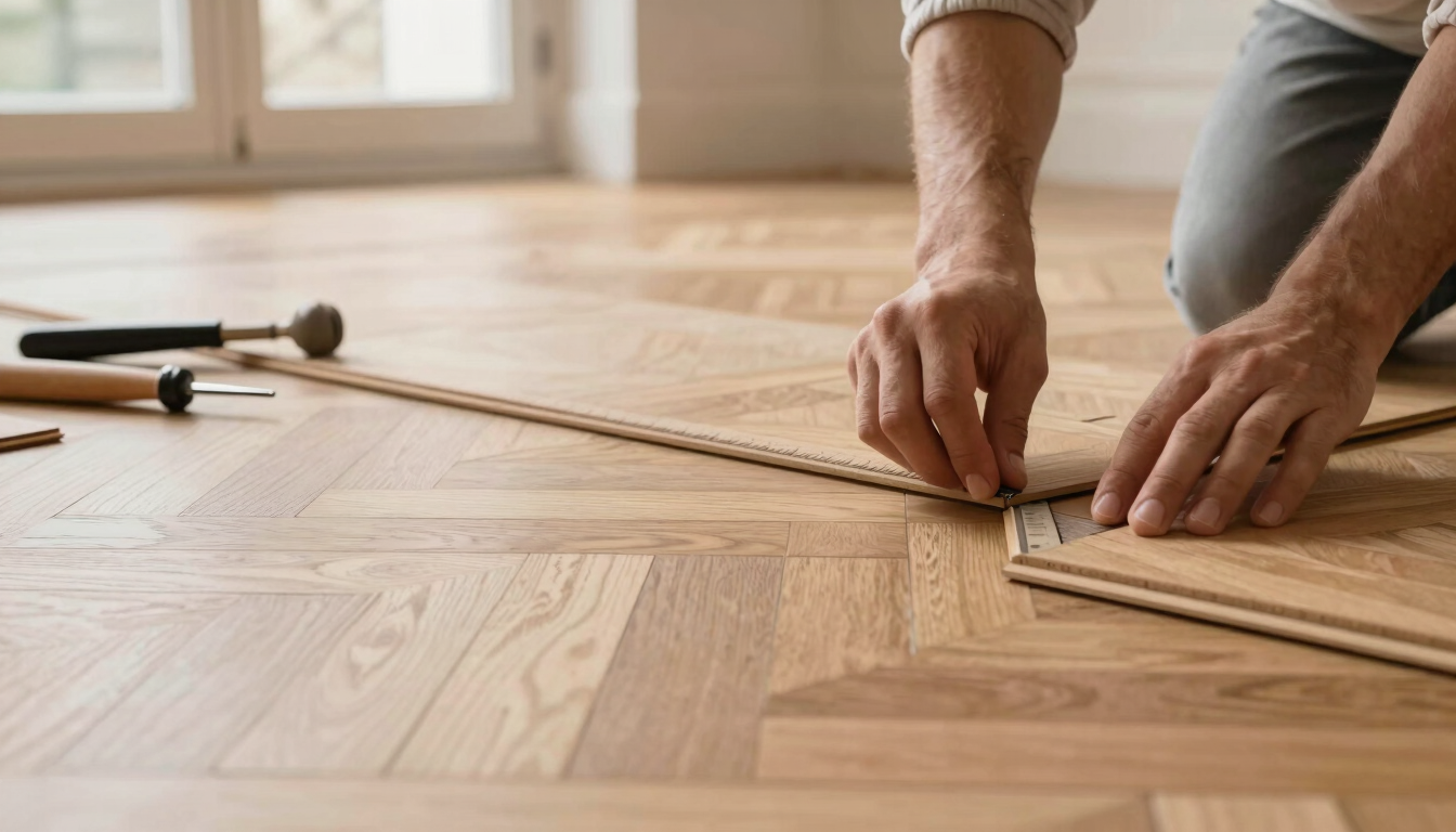 Close-up of a craftsman's hands laying a custom oak parquet floor, aligning the herringbone pattern with millimeter precision, neat tools nearby, soft side lighting.