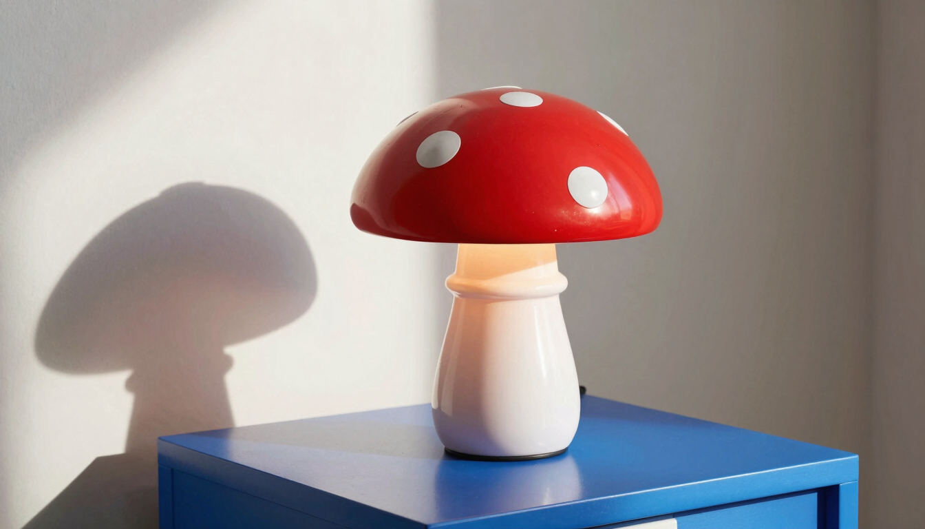 A close-up of a vibrant red mushroom lamp glowing on a bright cobalt blue side table, direct sunlight creating a sharp shadow on the wall