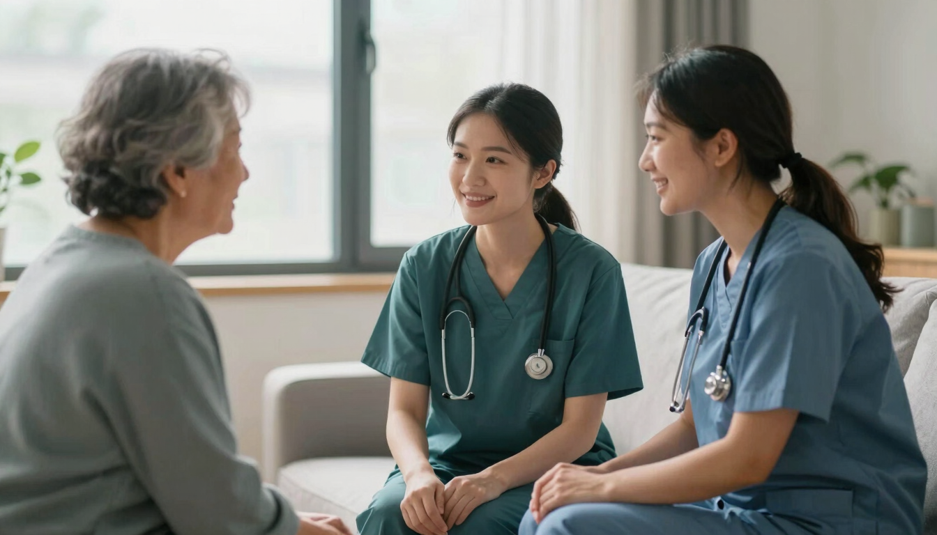 A warm, respectful interaction between a professional care manager and an elderly patient in a comfortable home environment, soft natural window light, muted teal tones.