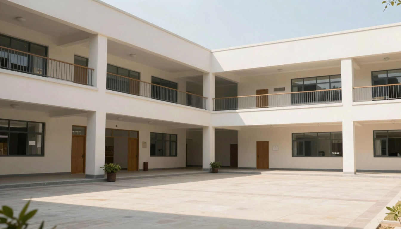 A modern school campus courtyard with clean architectural lines under bright natural daylight