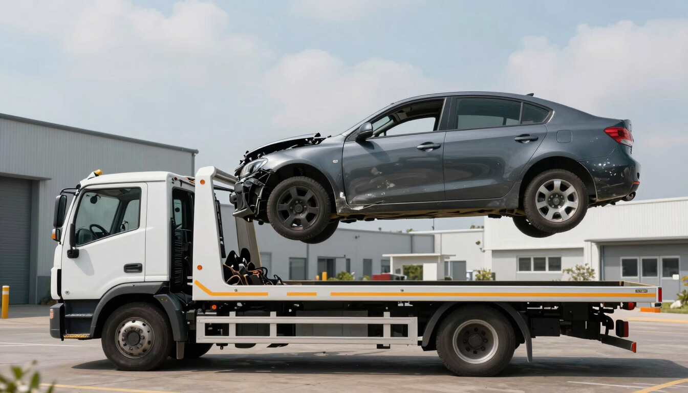Straight-on eye-level shot of a modern flatbed tow truck lifting a damaged car in Bussy-Saint-Georges, bright natural overcast daylight, clean industrial background.