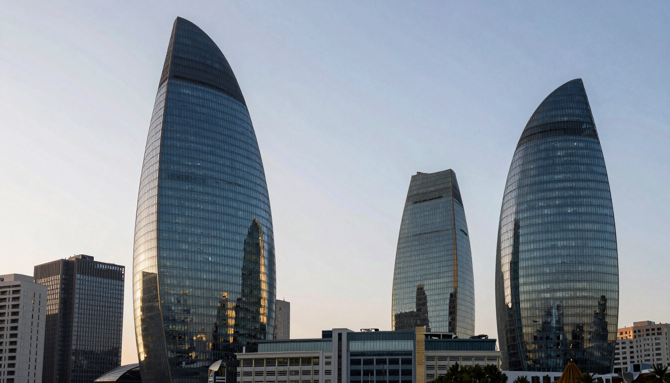 Wide environmental shot of Baku business district skyline in the morning, high contrast modern glass towers, cool daylight, professional architectural perspective.