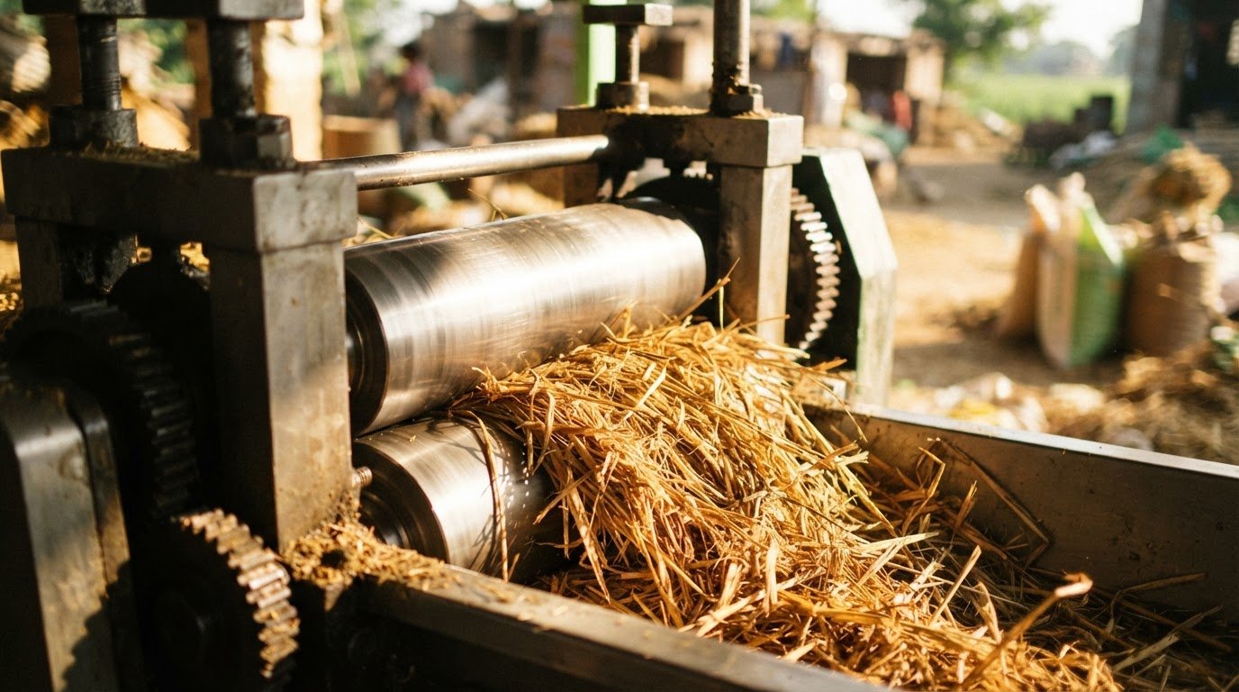 A close-up of industrial automated feed processing machinery, stainless steel rollers pressing golden-brown straw, warm natural sunlight, 35mm