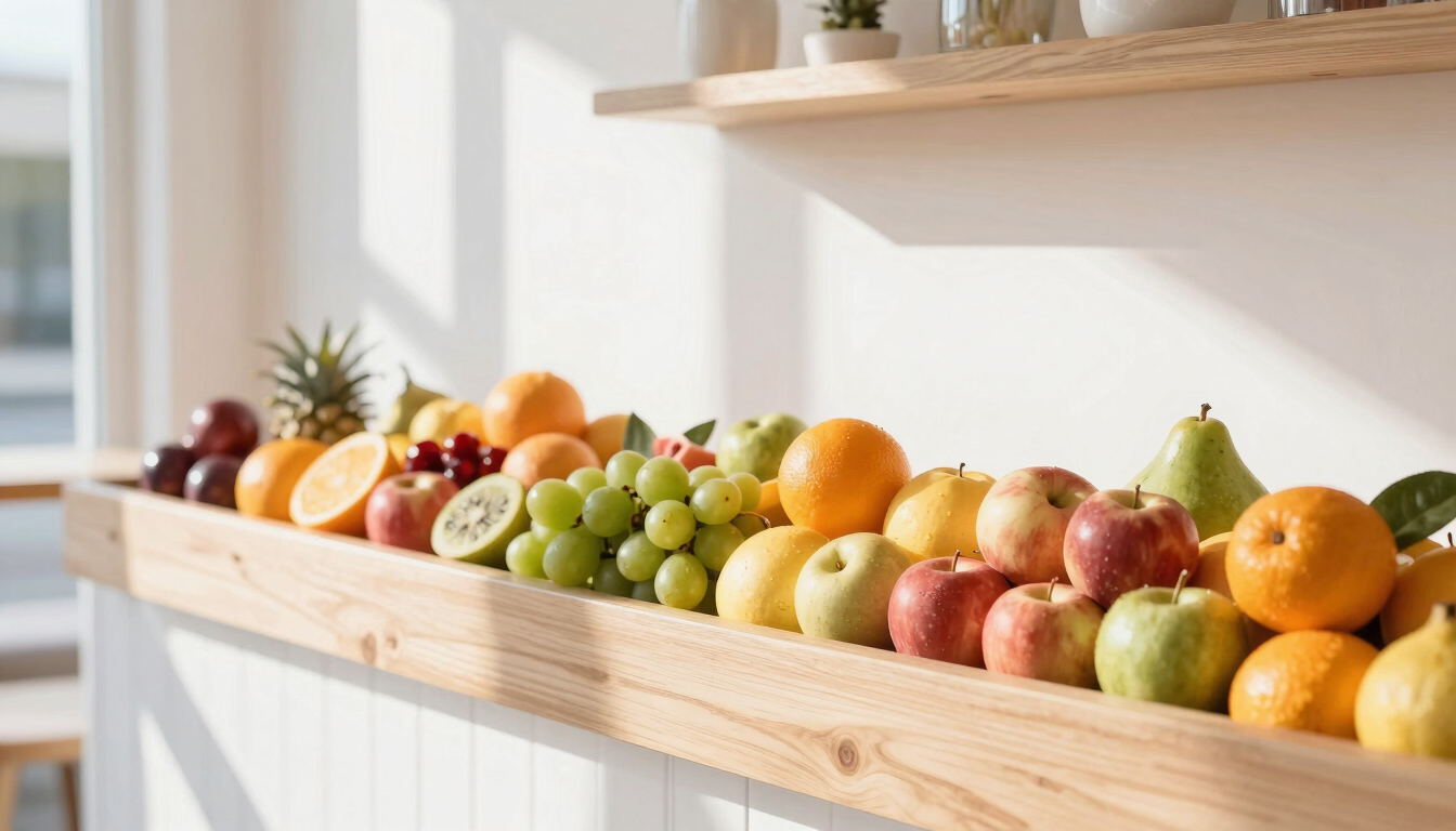 A bright and airy modern café interior with natural wood accents, clean white walls, and fresh fruit displays under warm morning sunlight
