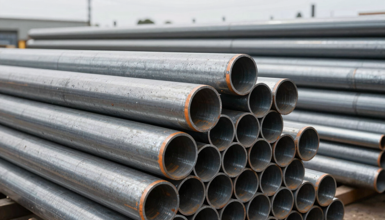 Close-up of stacked industrial steel pipes and raw metal components in a cool-toned warehouse, sharp focus, desaturated tones.