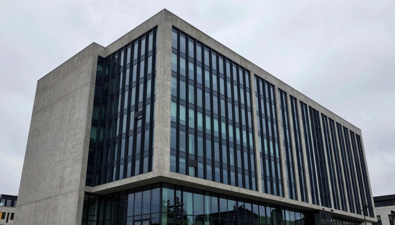 Wide architectural view of a modern concrete financial headquarters, sharp overcast daylight, clean lines, minimalist corporate exterior, 35mm