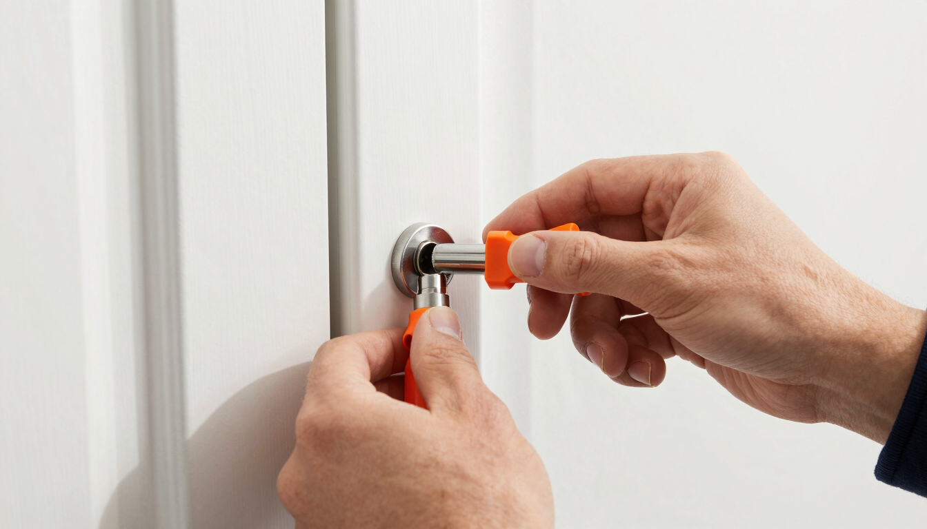 Close-up of a locksmith's hands installing a high-security lock cylinder on a clean modern door frame, bright daylight, 35mm