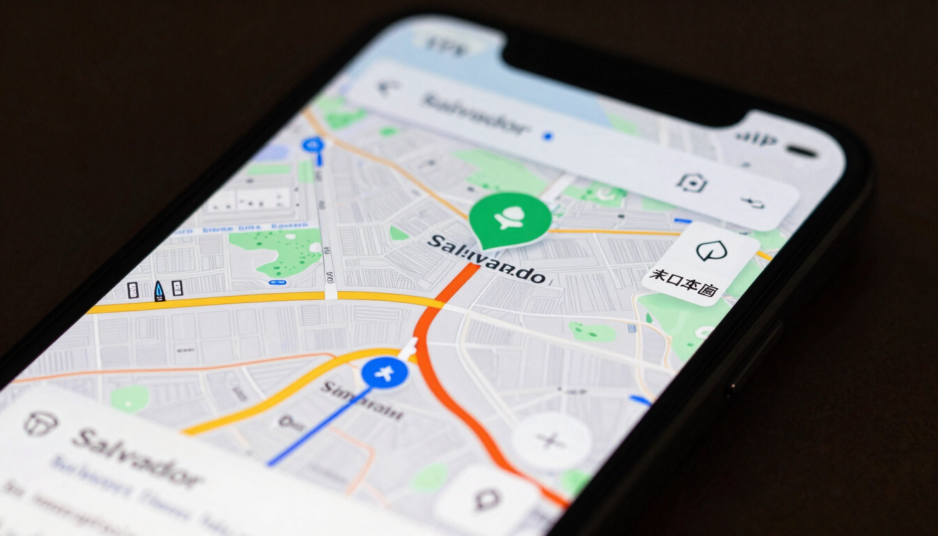 Close-up of a smartphone screen displaying a clear delivery route map with active GPS in Salvador, high contrast, daylight, modern interface, professional setup