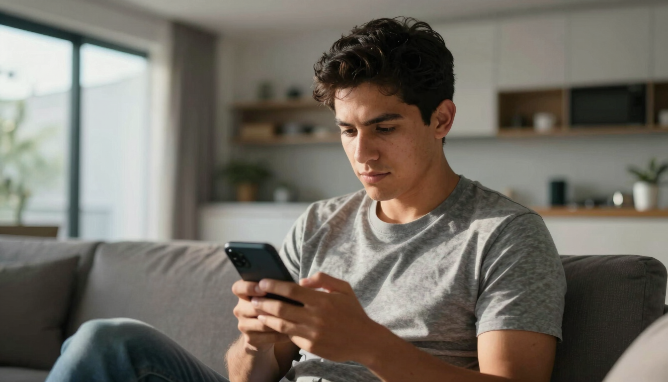 Candid medium shot of a young Latin American sitting in a sunlit modern apartment, looking relaxed and focused at their smartphone, natural high-contrast daylight