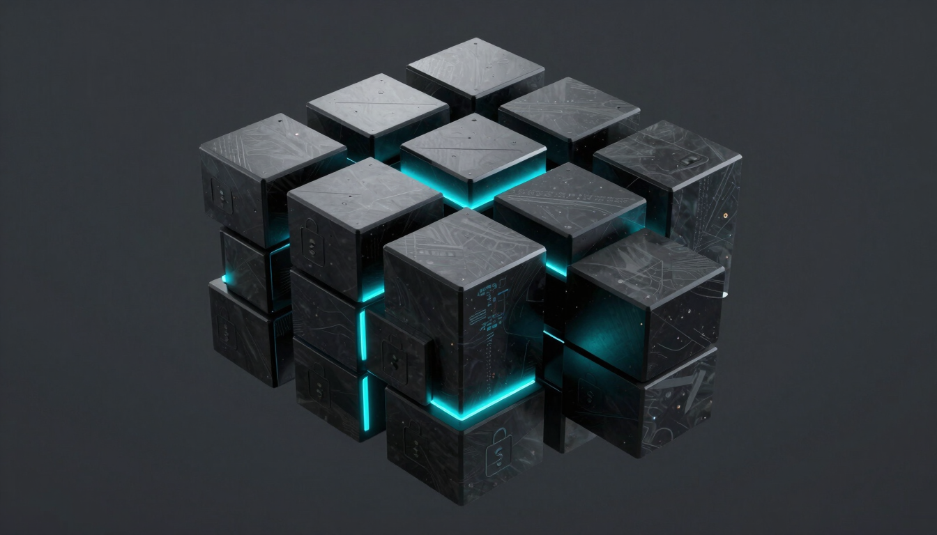 Abstract geometric cluster of secure data blocks, dark technical 3d render, high-contrast electric cyan edge lighting, obsidian tones, sharp macro focus