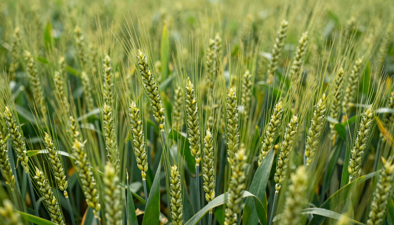 Close-up shot of healthy green wheat stalks in an organized Indian field, bright natural overcast daylight, rich green tones, 35mm lens.