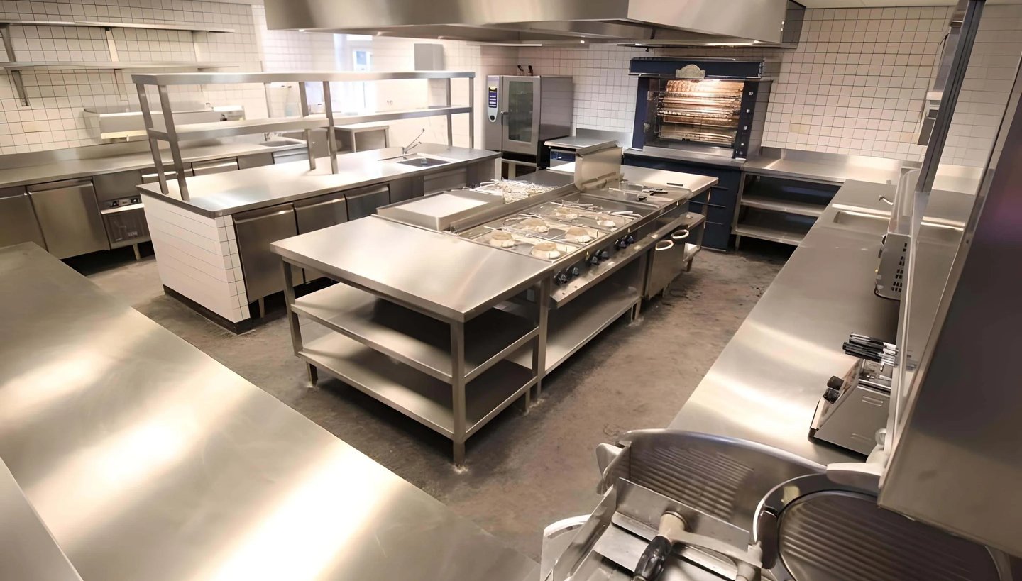 Professional stainless steel kitchen with industrial prep benches and cooking equipment for our Frequently Asked Questions.