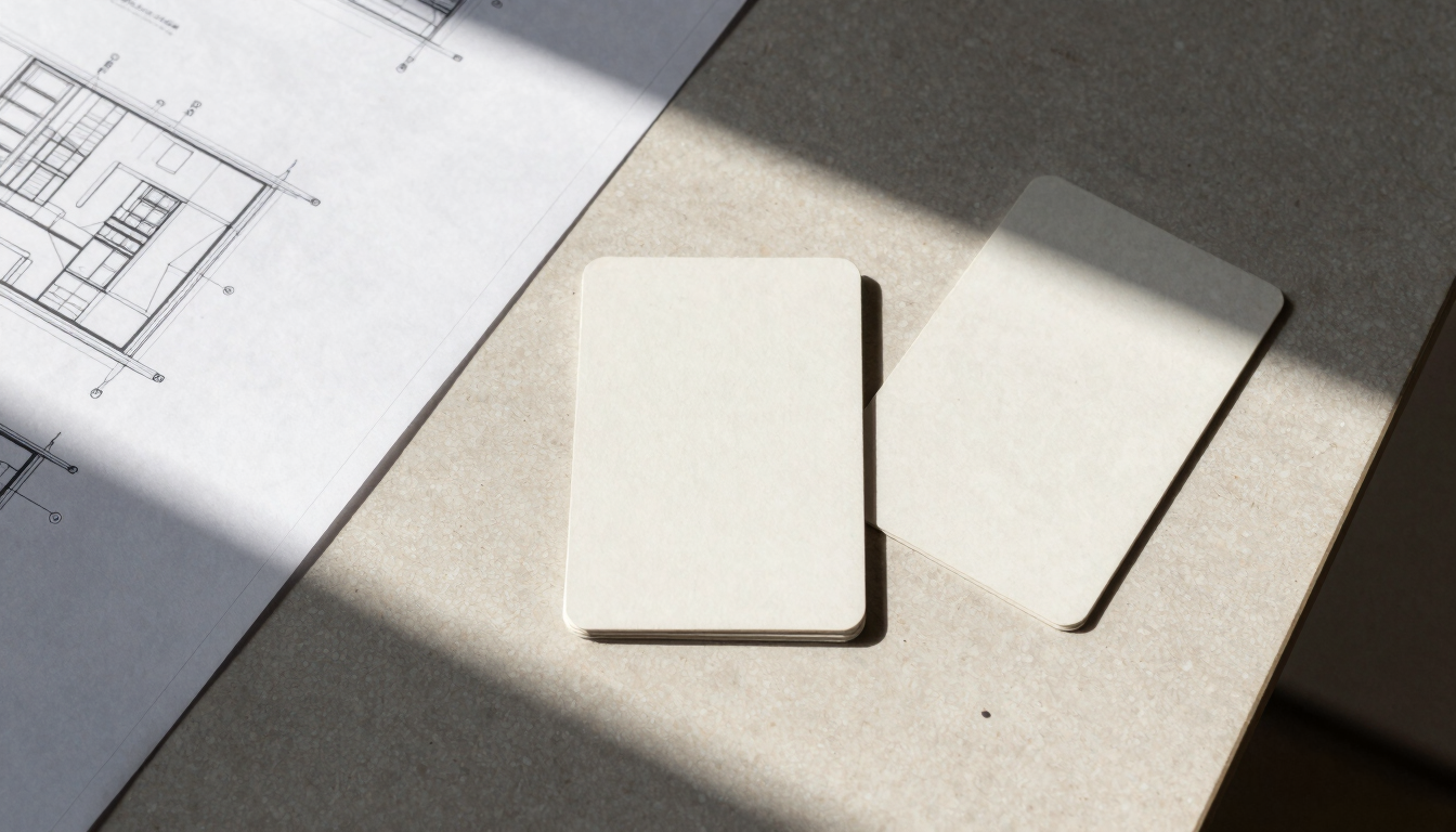 Overhead flat-lay of physical research materials, architectural blueprints, and structured cards on a minimalist table, natural north-facing daylight.